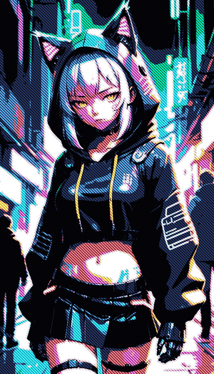 a fierce looking older android girl. She's wearing an oversized cropped shrug hoodie with cat ears on the hood and the hood is up over her head, and a heavy skirt around her waist. She's walking through a neon lit street