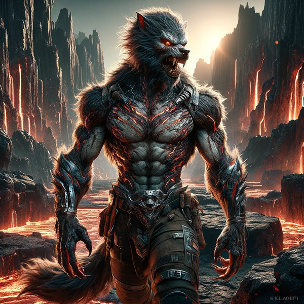 File:DALL·E 2024-05-28 13.04.09 - A lean and muscular Loup-Garou infected human with SURGE, resembling a traditional werewolf, standing in a rugged, lava-filled landscape. He wears pro.webp