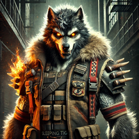 DALL·E 2024-11-02 16.42.33 - A portrait of Hellhound, a fierce, werewolf-like Street Samurai with Loup-Garou traits, wearing worn Sleeping Tiger armor from Shadowrun. His appearan.webp