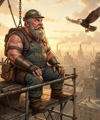A dwarf in industrial overalls sits atop a scaffold and watches a bird fly past.