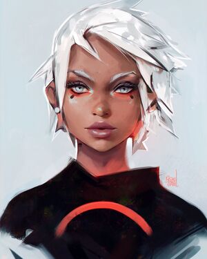 Pycnidium's character art, a young woman with medium tan skin and spiky white hair.